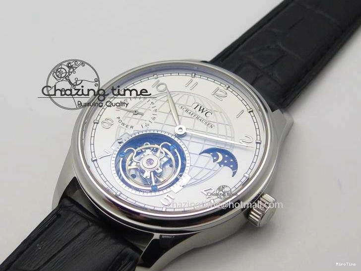 MIROTIME 0518 UrbanStyle Portuguese Tourbillon Power Reserve Moonphase SS White Dial On Black Leather Strap 7318